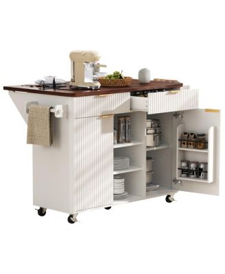 Streamdale 52" Fluted Kitchen Island with Drop Leaf, Power Outlet & Storage Cart