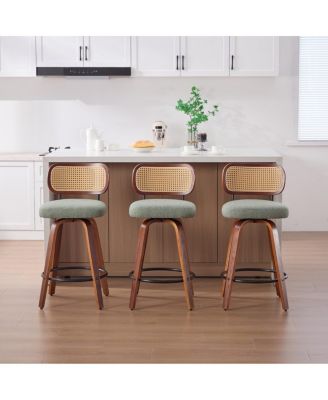  Set of 3, 26-Inch Counter Height Bar Stools - Walnut Black, Cane Rattan, Green Linen Seat