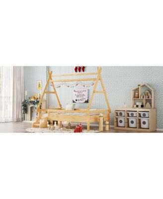 Twin House Platform Bed with Stairs, Solid Wood Twin Bed Frame, Low Profile