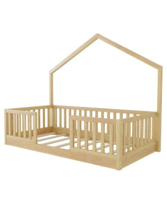  Twin Floor Bed with High Rails, Wooden Montessori Bed with Light for Kids