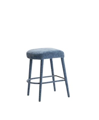Backless Blue Upholstered Fabric Bar Stool with Padded Seat & Footrest
