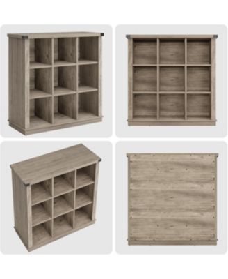 9-Cube Storage Organizer Bookcase, 37.4" Long Low 4-Tier Farmhouse Wood Shelf for Entryway & Living Room, Grey