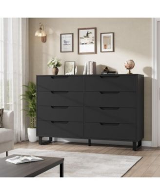 Farmhouse TV Stand with 8 Drawers, 55" Wide Entertainment Center for TVs up to 75 Inch with Metal Legs, Black