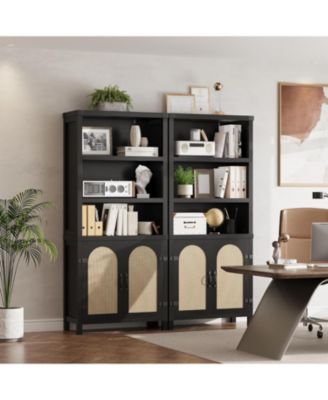 70" Tall Farmhouse Bookshelf with Rattan Doors, 3-Tier Open Bookcase with Adjustable Shelves