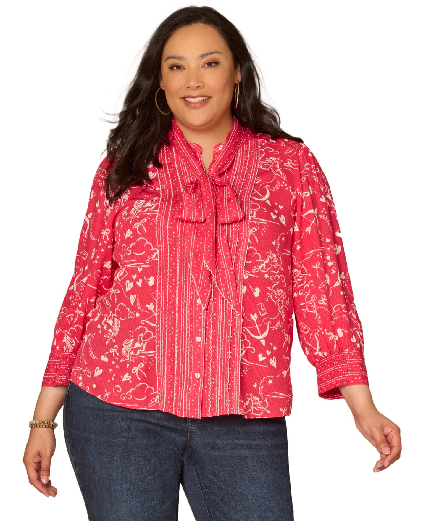 Женский топ Democracy Plus Size 3/4-Length Sleeve Button-Down, цвет: Вишнёвый / Слоновая кость — фото 1
