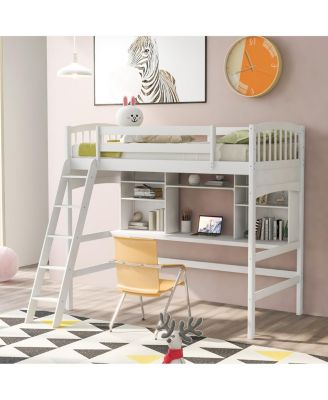 Twin size Loft Bed with Storage Shelves, Desk and Ladder