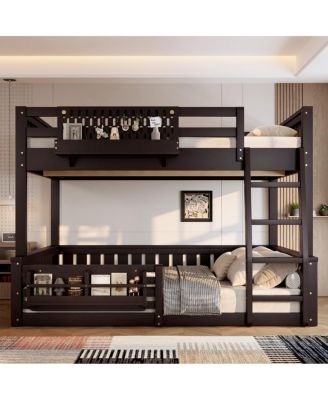 Full XL over Queen Bunk Bed with Ladder, Guardrails, Pegboard & Bookshelf, Espresso