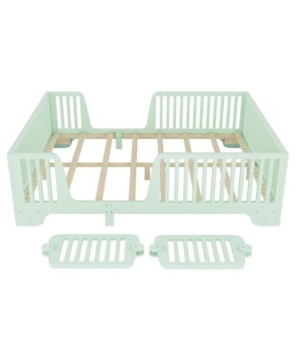 Full Montessori Floor Bed with Fence and Door, Mint Green