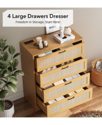 Modern 4-Drawer Rattan Wood Dresser with Power Station, Tall Storage Chest for Bedroom