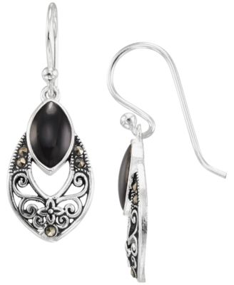 Marcasite (0.09 ct. t.w.) and Onyx (1 ct. t.w.) Drop Earrings in Sterling Silver