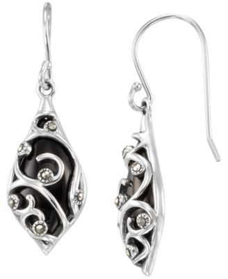 Marcasite (0.06 ct. t.w.) and Onyx (2-1/2 ct. t.w.) Dangle Earrings in Sterling Silver