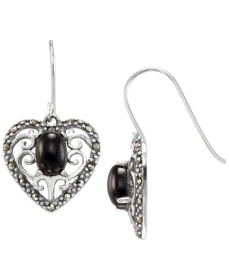 Marcasite (0.30 ct. t.w.) and Faceted Onyx (1-1/2 ct. t.w.) Drop Earrings in Sterling Silver