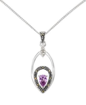 Marcasite (0.40 ct. t.w.) and Amethyst (1/2 ct. t.w.) Teardrop Pendant Necklace in Sterling Silver