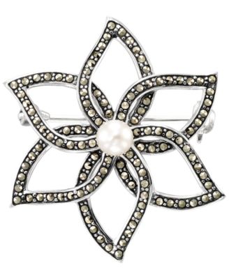 Marcasite (1 ct. t.w.) and Cultured Freshwater Pearl (4.5mm) Flower Brooch Pin in Sterling Silver