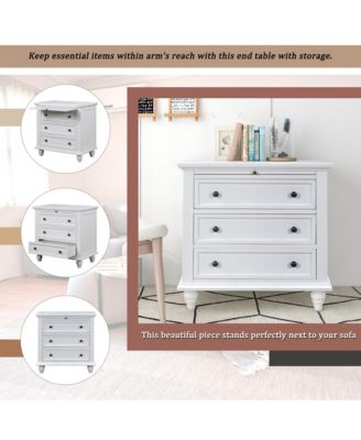 28'' Wood Nightstand, Bedside Cabinet with 3 Storage Drawers and Pull-out Tray, Bedside Accent Table for Bedroom and Office (White)