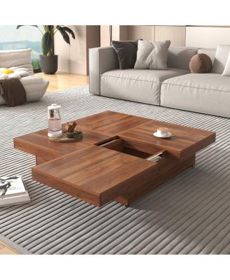 Square Veneer Coffee Table Sliding Top with Storage in Walnut 39.4"