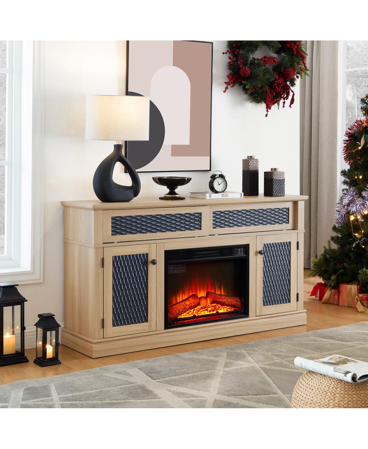 Streamdale Furniture Embossed Pattern Tv Stand with 23" Fireplace, Media Console, Light Oak, 58.27"W