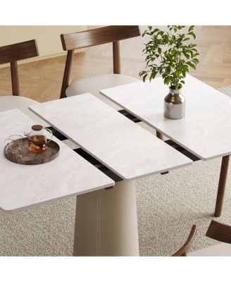 Retractable Rock Slab Folding Dining Table, Modern Expandable Table with Leather Base