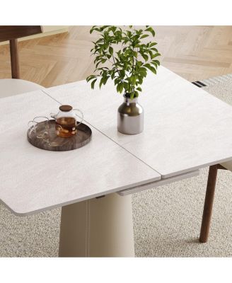 Retractable Rock Slab Folding Dining Table, Modern Expandable Table with Leather Base