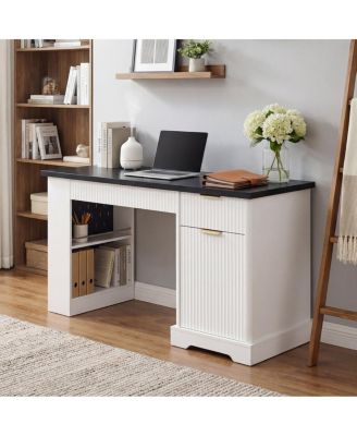 55" Modern Fluted Office Desk with Storage, Drawers, Power Outlet & Keyboard Tray