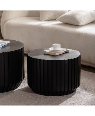Set of 2 Black Fluted Coffee Table - Solid Wood & MDF Round Accent Tables