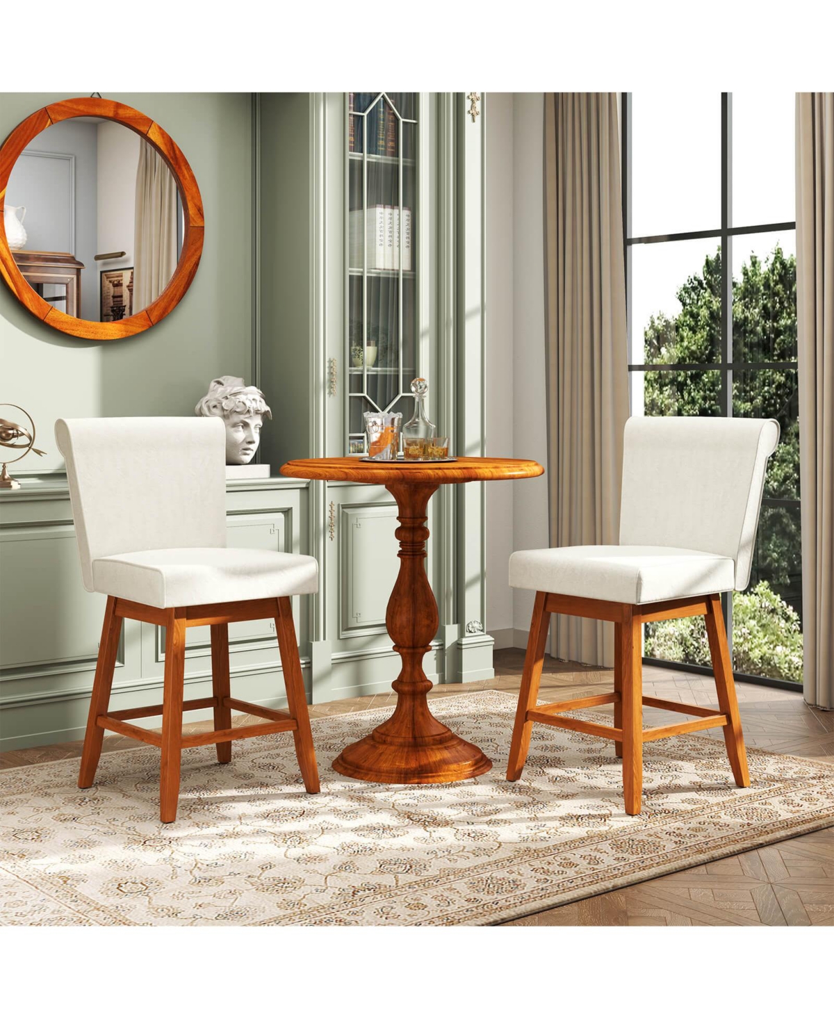 Costway 27" Swivel Bar Stools with Rubber Wood Legs Upholstered Linen Bar Chairs