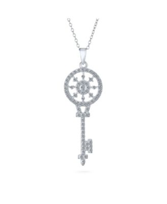 Victorian Style Pave Cubic Zirconia CZ Sunburst Key Pendant Necklace .925 Sterling Silver