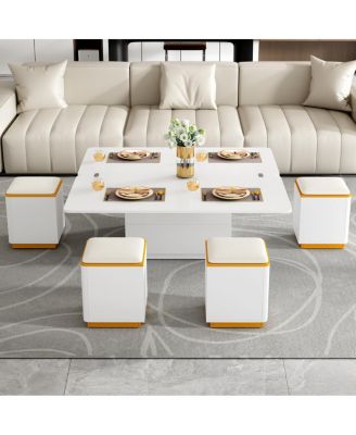  Lift-Top Coffee Table with Storage Stools & Foldable Top