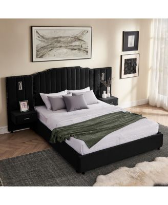 Queen Size Velvet Upholstered Bed Frame with Vertical Stripes