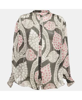 Women's Black Printed Silk Button Front Blouse
