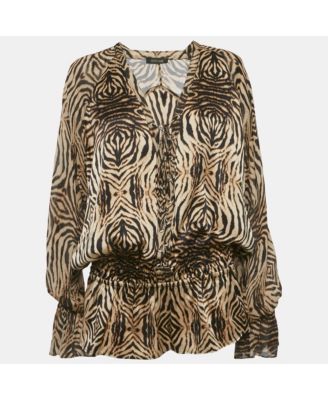 Women's Brown Tiger Printed Silk Tie Up Detail Top