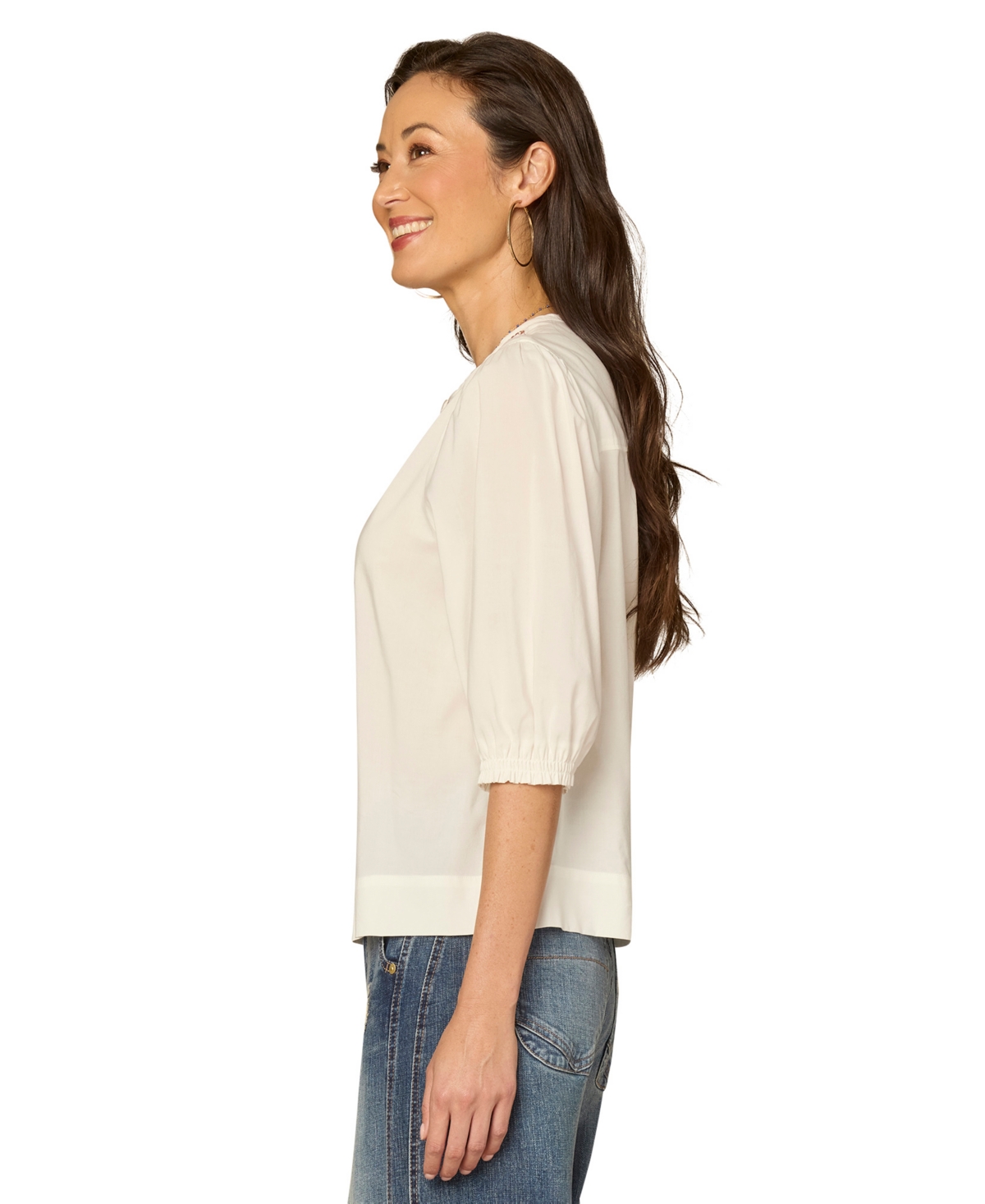 Democracy Petite Below-Blouson Pleated Sleeve Crew Neck Woven Top