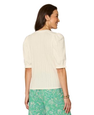 Petite Elbow Puff Sleeve Mandarin Collar Knit Top