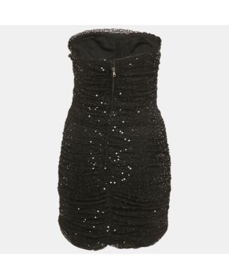 Women's Black Sequin Embellished Tulle Ruched Strapless Mini Dress