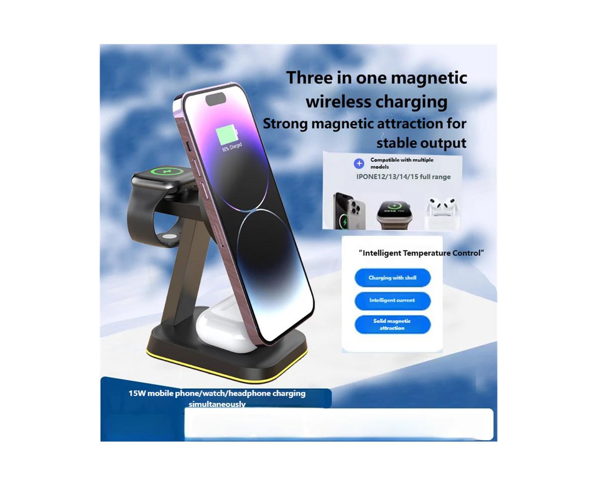 Risokeys 3-in-1 Magnetic Wireless Charger with Charging Port - MagSafe Phone Stand Fast Charging for Phone Earphones