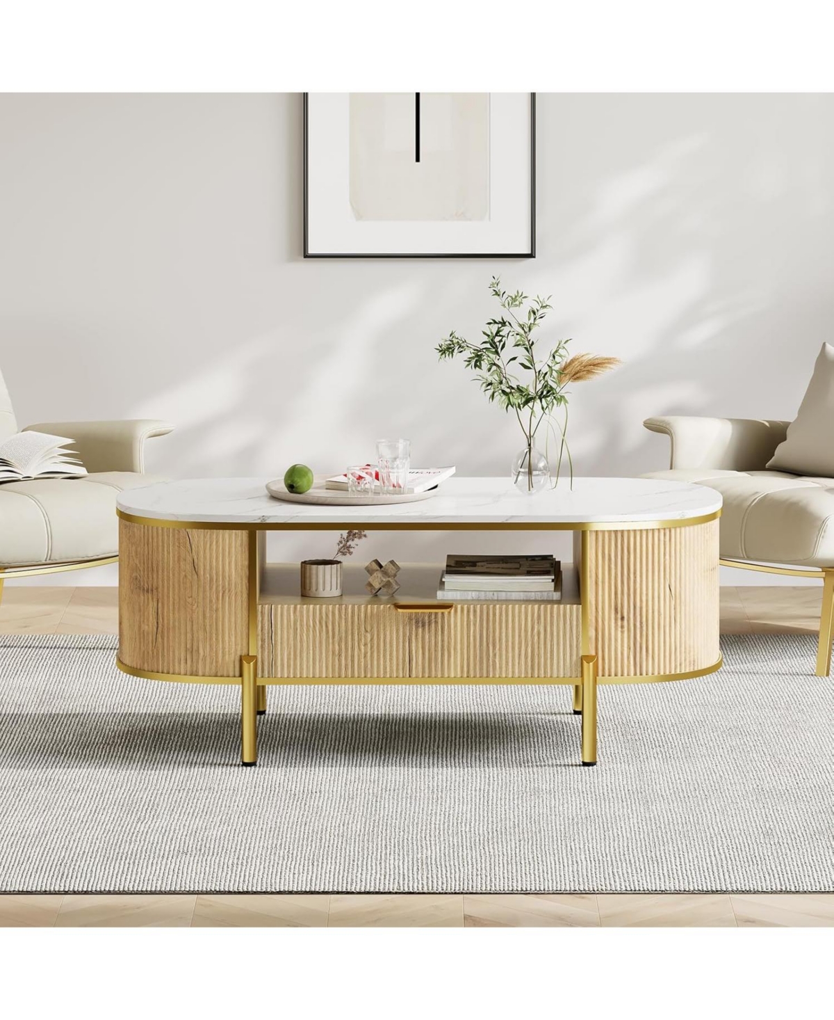 gaomon 48" Oval Coffee Table with Fluted Design & Faux Marble Top, Modern Luxury Center Table with Drawers for Living Room
