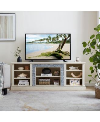 Large TV Desk Storage Rack with Faux Stacked Stone Surround, White, 70.12"W15.35"D25.83"H