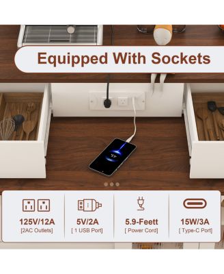  Kitchen Island with Extendable Rotating Table, Walnut Veneer, 4 Drawers, Glass Cabinets