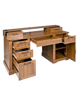  59" Farmhouse Office Desk with Charging Station & Storage Cabinet, Barn Door Design