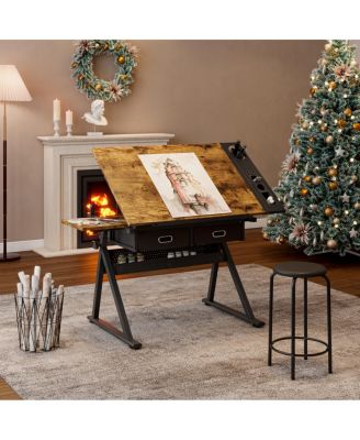 Adjustable Drawing Drafting Table Desk with 2 Drawers & Stool