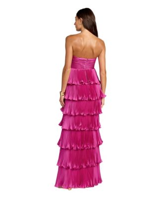 Women's Pleated Charmeuse Strapless Tiered Ruffle Gown