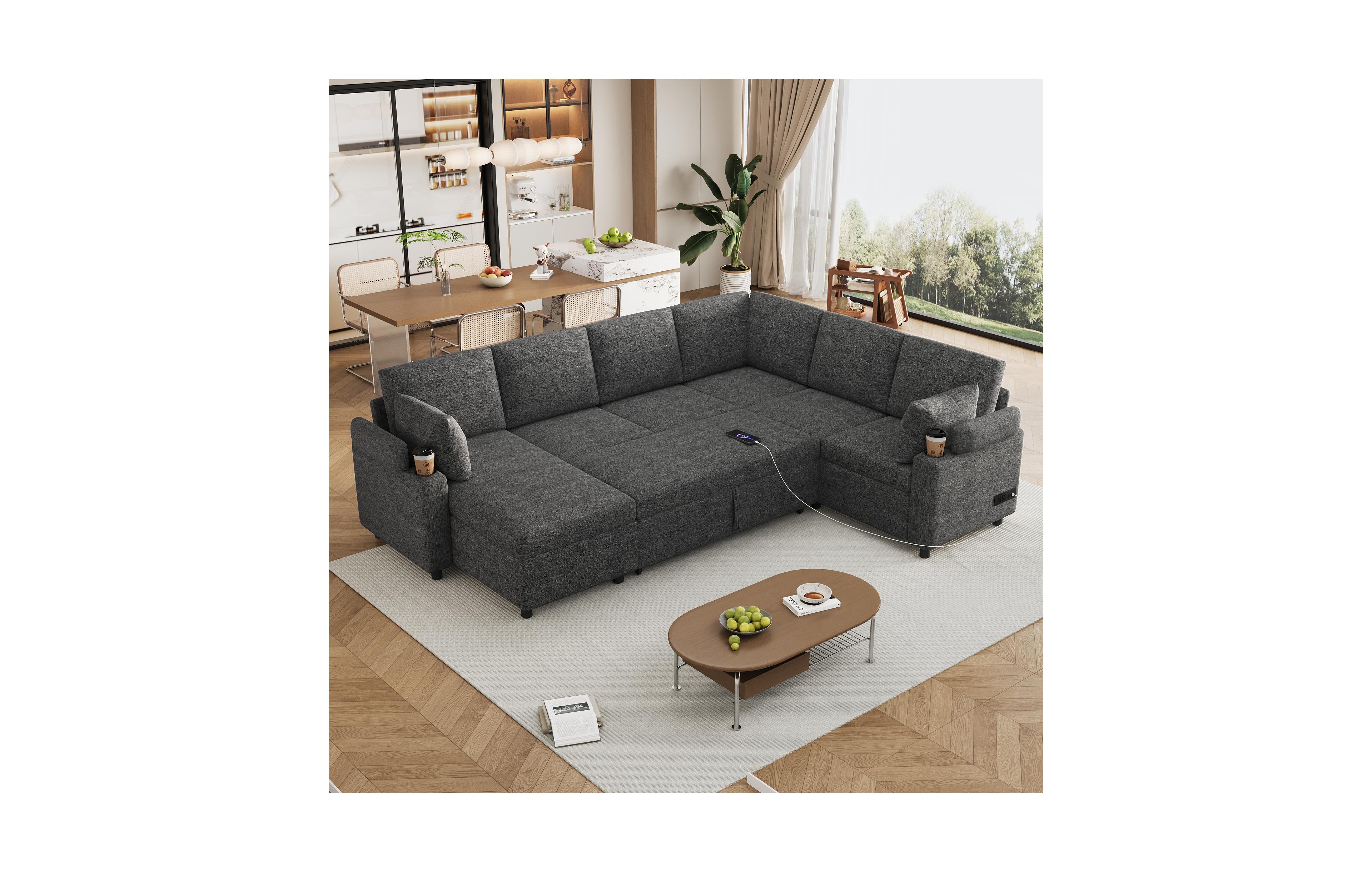 Lovmor Beige/Grey 110 Inch U shaped Sectional Sofa Bed with Storage Cup Holders Charging Ports