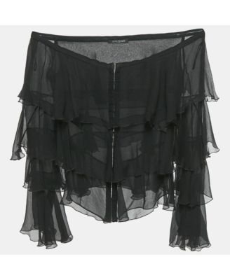 Women's Black Silk Tiered Off-Shoulder Top