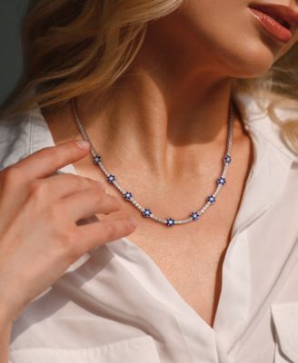 Lab Grown Sapphire (7/8 ct. t.w.) and Lab Grown White Sapphire (5-7/8 ct. t.w.) Floral Necklace in Sterling Silver