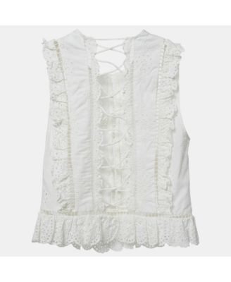Women's White Linen Blend Eyelet Crop Top