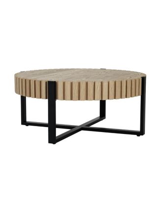 Round Handcraft Drum Coffee Table with Gear Design & Cross Metal Base, 31.5" Modern Compact Table