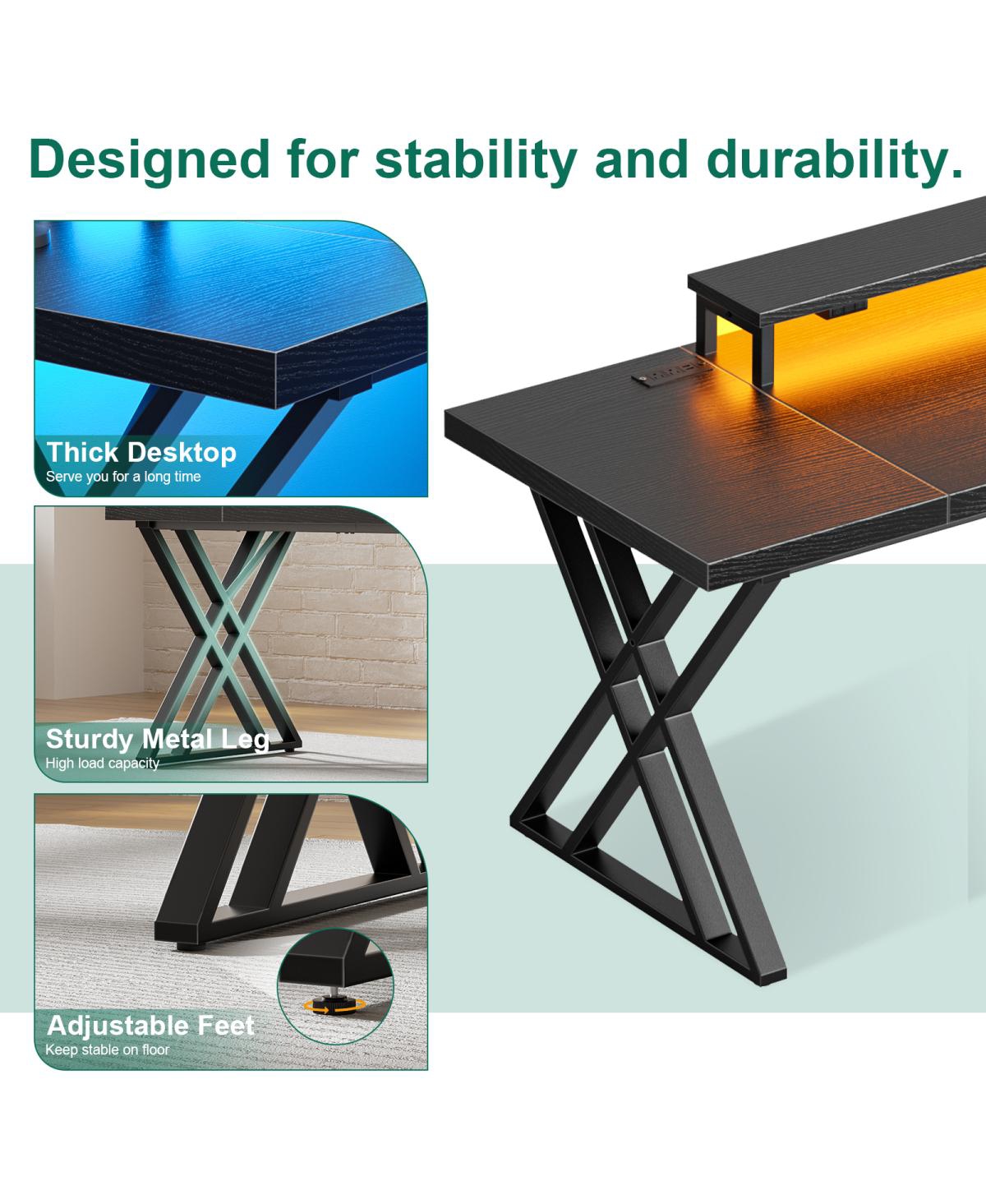 Streamdale Furniture Gaming Desk with Usb Charging, Led Lights & Monitor Riser