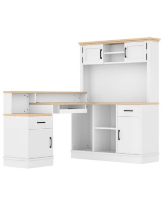 L-Shaped Computer Desk with Outlet, Drawers, Bookshelf, White