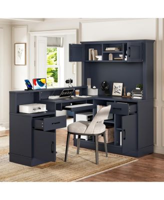 L-Shaped Computer Desk with Outlet, Drawers, Bookshelf, Blue