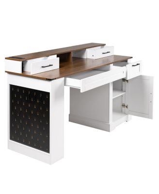 55" Farmhouse Office Desk with Storage, Barn Door Design, Keyboard Tray, Monitor Stand, White